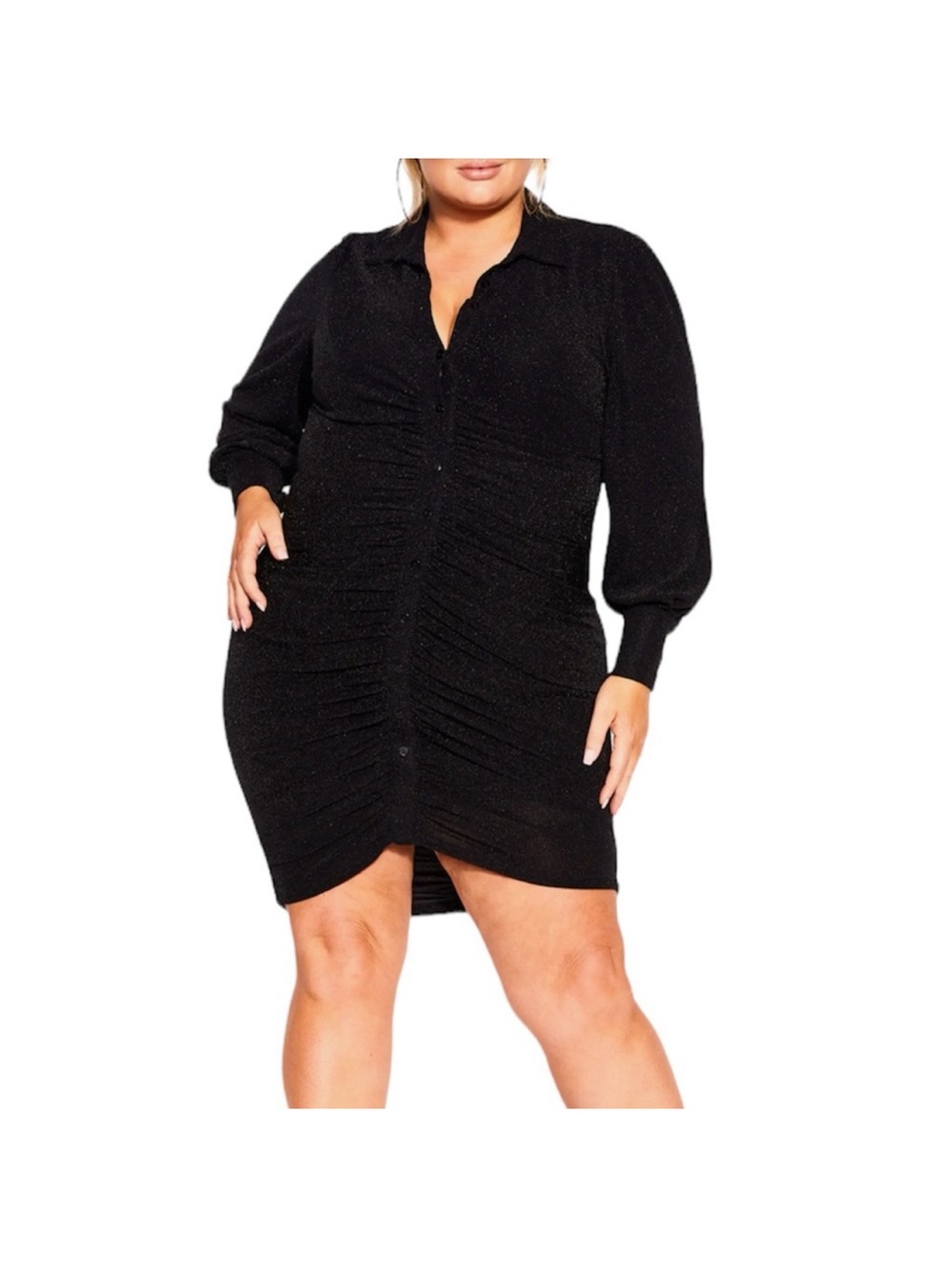 City Chic Black Ruched Button-Front Mini Dress